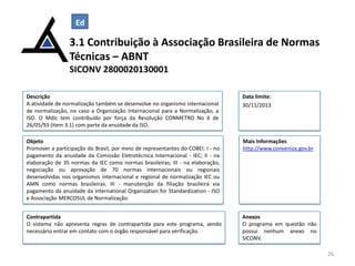 Ed

3.1 Contribuição à Associação Brasileira de Normas
Técnicas – ABNT
SICONV 2800020130001
Descrição
A atividade de normalização também se desenvolve no organismo internacional
de normalização, no caso a Organização Internacional para a Normalização, a
ISO. O Mdic tem contribuído por força da Resolução CONMETRO No 6 de
26/05/93 (item 3.1) com parte da anuidade da ISO.

Data limite:
30/11/2013

Objeto
Promover a participação do Brasil, por meio de representantes do COBEI: I - no
pagamento da anuidade da Comissão Eletrotécnica Internacional - IEC; II - na
elaboração de 35 normas da IEC como normas brasileiras; III - na elaboração,
negociação ou aprovação de 70 normas internacionais ou regionais
desenvolvidas nos organismos internacional e regional de normalização IEC ou
AMN como normas brasileiras. III - manutenção da filiação brasileira via
pagamento da anuidade da International Organization for Standardization - ISO
e Associação MERCOSUL de Normalização.

Mais Informações
http://www.convenios.gov.br

Contrapartida
O sistema não apresenta regras de contrapartida para este programa, sendo
necessário entrar em contato com o órgão responsável para verificação.

Anexos
O programa em questão não
possui nenhum anexo no
SICONV.
26

 