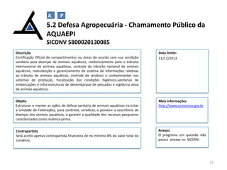 A

P

5.2 Defesa Agropecuária - Chamamento Público da
AQUAEPI
SICONV 5800020130085
Descrição
Certificação Oficial de compartimentos ou áreas de acordo com sua condição
sanitária para doenças de animais aquáticos, credenciamento para o trânsito
internacional de animais aquáticos, controle do trânsito nacional de animais
aquáticos, manutenção e gerenciamento de sistema de informações relativas
ao trânsito de animais aquáticos, controle de resíduos e contaminantes nos
sistemas de produção, fiscalização das condições higiênico-sanitárias de
embarcações e infra-estruturas de desembarque de pescados e vigilância ativa
de animais aquáticos.

Data limite:
31/12/2013

Objeto
Estruturar e manter as ações de defesa sanitária de animais aquáticos na (citar
a Unidade da Federação), para controlar, erradicar, e prevenir a ocorrência de
doenças dos animais aquáticos, e garantir a qualidade dos recursos pesqueiros
caracterizados como matéria-prima.

Mais Informações
http://www.convenios.gov.br

Contrapartida
Será aceito apenas contrapartida financeira de no mínimo 8% do valor total do
convênio.

Anexos
O programa em questão não
possui anexos no SICONV.

32

 