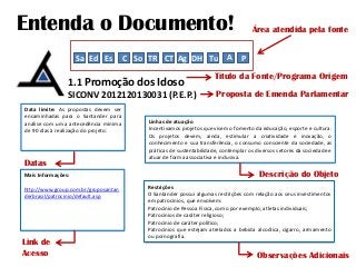 Entenda o Documento!
Sa Ed Es

C So TR CT Ag DH Tu A P

1.1 Promoção dos Idoso
SICONV 2012120130031 (P.E.P.)
Data limite: ...