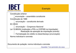 Exemplo

  Constituição anterior
        enunciação – assembléia constituinte
  Constituição de 1988
         enunciação – constituinte derivado
  EC 42/03
         enunciação – Congresso Nacional
  Lei 10.865/04 (instituição o PIS e a COFINS na importação)
               Realização da operação de importação (evento)
         Formalização do crédito no desembaraço (enunciação)
  Norma individual e concreta



Documento de quitação: norma individual e concreta
                                       Questão 7 do seminário de casa
 