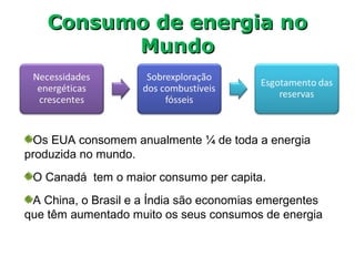 Consumo de energia noConsumo de energia no
MundoMundo
Os EUA consomem anualmente ¼ de toda a energia
produzida no mundo.
O Canadá tem o maior consumo per capita.
A China, o Brasil e a Índia são economias emergentes
que têm aumentado muito os seus consumos de energia
 