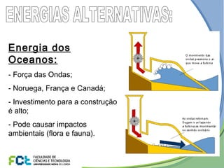 Energia dos
Oceanos:
- Força das Ondas;
- Noruega, França e Canadá;
- Investimento para a construção
é alto;
- Pode causar impactos
ambientais (flora e fauna).
 