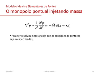 Modelos Ideais e Elementares de FontesO monopolo pontual injetando massa- FONTE SONORA -Taxa de variação da taxa de introdução de massa/volume produzido por uma fonte pontual monopolo em x = x0.Delta de Dirac para representar uma fonte concentrada em um pontoForça total da fonte.Expressa pela integral:03/02/201113
