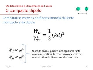 Modelos Ideais e Elementares de FontesO monopolo pontual e a esfera pulsante- FONTE SONORA -Propagação sonora não-harmônica para um monopolo pontualSolução para um monopolo pontualAmplitude complexa da velocidade radial da partículaImpedância acústica específicaparaIntensidade sonora irradiada (média temporal)03/02/201122