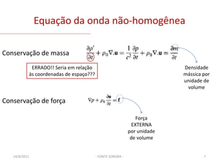 Equação da onda não-homogênea- FONTE SONORA -Conservação de massaDensidade mássica por unidade de volumeERRADO!! Seria em relação às coordenadas de espaço???Conservação de forçaForça EXTERNA por unidade de volume03/02/20117