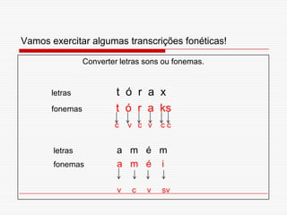 Vamos exercitar algumas transcrições fonéticas!Converter letras sons ou fonemas.letras               t  ó  r  a  xfonemas           t  ó  r  a  ks                                           c    vcv    c c                 letras                    a   m   é   m               fonemas               a   m   é    i                                             v     c     v     sv