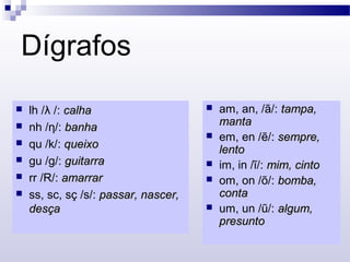 Dígrafos
 lh /λ /: calhacalha
 nh /η/: banhabanha
 qu /k/: queixoqueixo
 gu /g/: guitarraguitarra
 rr /R/: amarraramarrar
 ss, sc, sç /s/: passar, nascer,passar, nascer,
desçadesça
 am, an, /ã/: tampa,tampa,
mantamanta
 em, en /ẽ/: sempre,sempre,
lentolento
 im, in /ĩ/: mim, cintomim, cinto
 om, on /õ/: bomba,bomba,
contaconta
 um, un /ũ/: algum,algum,
presuntopresunto
 