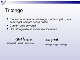 Tritongo
 É o encontro de uma semivogal + uma vogal + uma
semivogal, sempre nessa ordem.
 Contém uma só vogal.
 Um tritongo não se divide silabicamente.
Quais quer
semivogal + vogal + semivogal
U ru guai
semivogal + vogal + semivogal
 