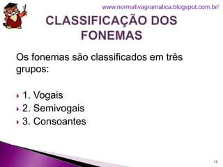 Os fonemas são classificados em três
grupos:
 1. Vogais
 2. Semivogais
 3. Consoantes
10
www.normativagramatica.blogspot.com.br/
 