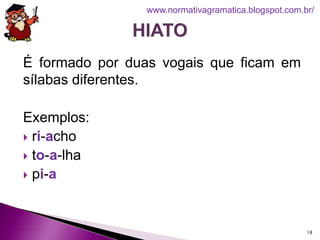 É formado por duas vogais que ficam em
sílabas diferentes.
Exemplos:
 ri-acho
 to-a-lha
 pi-a
18
www.normativagramatica.blogspot.com.br/
 