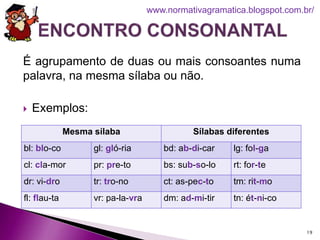 É agrupamento de duas ou mais consoantes numa
palavra, na mesma sílaba ou não.
 Exemplos:
19
www.normativagramatica.blogspot.com.br/
Mesma sílaba Sílabas diferentes
bl: blo-co gl: gló-ria bd: ab-di-car lg: fol-ga
cl: cla-mor pr: pre-to bs: sub-so-lo rt: for-te
dr: vi-dro tr: tro-no ct: as-pec-to tm: rit-mo
fl: flau-ta vr: pa-la-vra dm: ad-mi-tir tn: ét-ni-co
 