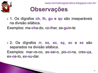  1. Os dígrafos ch, lh, gu e qu são inseparáveis
na divisão silábica.
Exemplos: ma-cha-do, co-lher, se-guin-te
 2. Os dígrafos rr, ss, sc, sç, xc e xs são
separados na divisão silábica.
Exemplos: mar-re-co, as-sei-o, pis-ci-na, cres-ça,
ex-ce-to, ex-su-dar.
21
www.normativagramatica.blogspot.com.br/
 