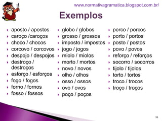  aposto / apostos
 caroço /caroços
 choco / chocos
 corcovo / corcovos
 despojo / despojos
 destroço /
destroços
 esforço / esforços
 fogo / fogos
 forno / fornos
 fosso / fossos
 globo / globos
 grosso / grossos
 imposto / impostos
 jogo / jogos
 miolo / miolos
 morto / mortos
 novo / novos
 olho / olhos
 osso / ossos
 ovo / ovos
 poço / poços
 porco / porcos
 porto / portos
 posto / postos
 povo / povos
 reforço / reforços
 socorro / socorros
 tijolo / tijolos
 torto / tortos
 troco / trocos
 troço / troços
36
www.normativagramatica.blogspot.com.br/
 