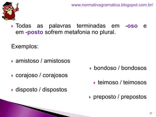  Todas as palavras terminadas em -oso e
em -posto sofrem metafonia no plural.
Exemplos:
 amistoso / amistosos
 bondoso / bondosos
 corajoso / corajosos
 teimoso / teimosos
 disposto / dispostos
 preposto / prepostos
37
www.normativagramatica.blogspot.com.br/
 