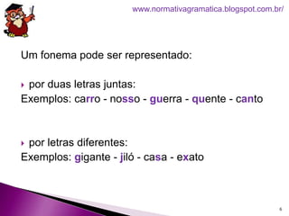 Um fonema pode ser representado:
 por duas letras juntas:
Exemplos: carro - nosso - guerra - quente - canto
 por letras diferentes:
Exemplos: gigante - jiló - casa - exato
6
www.normativagramatica.blogspot.com.br/
 
