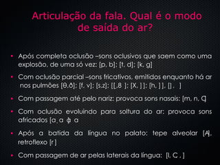 Após completa oclusão –sons oclusivos que saem como uma explosão, de uma só vez: [p, b]; [t, d]; [k, g] Com oclusão parcial –sons fricativos, emitidos enquanto há ar  nos pulmões [ θ , ð];  [f, v]; [s,z]; [  ,  ]; [X,   ]; [h,   ], [  ,    ] Com passagem até pelo nariz: provoca sons nasais: [m, n,   ] Com oclusão evoluindo para soltura do ar: provoca sons africados [  ] Após a batida da língua no palato: tepe alveolar [  ], retroflexo [  ] Com passagem de ar pelas laterais da língua:  [l,   ,   ] Articulação da fala. Qual é o modo de saída do ar? 