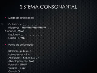 SISTEMA CONSONANTAL Modo de articulação  Oclusivas –   Fricativas –   ,    Africadas -  Líquidas –   Nasais –   Ponto de articulação Bilabiais – p, b, m,   ,     Labiodentais – f, v Alveolares – t, d, n, s, z, l,   Alveolopalatais -   Palatais -   Velares – k, g  Glotal -   