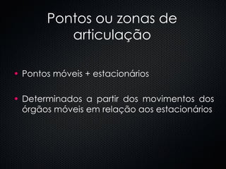 Pontos ou zonas de articulação Pontos móveis + estacionários Determinados a partir dos movimentos dos órgãos móveis em relação aos estacionários 