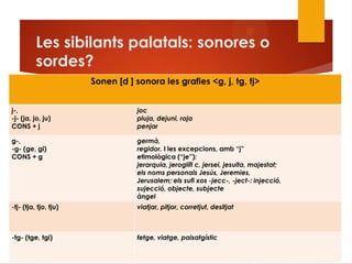 Les sibilants palatals: sonores o
sordes?
Sonen [d ] sonora les grafies <g, j, tg, tj>
j-,
-j- (ja, jo, ju)
CONS + j
joc
pluja, dejuni, roja
penjar
g-,
-g- (ge, gi)
CONS + g
germà,
regidor. I les excepcions, amb “j”
etimològica (“je”):
jerarquia, jeroglífi c, jersei, jesuita, majestat;
els noms personals Jesús, Jeremies,
Jerusalem; els sufi xos -jecc-, -ject-: injecció,
sujecció, objecte, subjecte
àngel
-tj- (tja, tjo, tju) viatjar, pitjor, corretjut, desitjat
-tg- (tge, tgi) fetge, viatge, paisatgístic
 