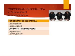 FONOSINTAXI CONSONÀNTICA
• L’ensordiment
• La sonorització
FONOSINTAXI CONSONÀNTICA
L’ensordiment
La sonorització
CONTACTES INTERIORS DE MOT
La geminació
L’emmudiment
 