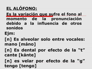 EL ALÓFONO:
Es la variación que sufre el fono al
momento de la pronunciación
debido a la influencia de otros
sonidos
Ejm:
[n] Es alveolar solo entre vocales:
mano [máno]
[n] Es dental por efecto de la “t”
cante [kánte]
[n] es velar por efecto de la “g”
tengo [tengo]
 