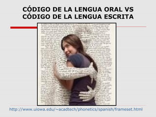 CÓDIGO DE LA LENGUA ORAL VS
CÓDIGO DE LA LENGUA ESCRITA
http://www.uiowa.edu/~acadtech/phonetics/spanish/frameset.html
 