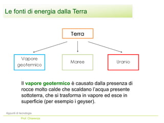 Le fonti di energia dalla Terra
Il vapore geotermico è causato dalla presenza di
rocce molto calde che scaldano l’acqua presente
sottoterra, che si trasforma in vapore ed esce in
superficie (per esempio i geyser).
Appunti di tecnologia
Prof. Chiarenza
 