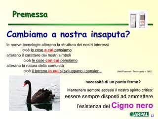 12
Premessa
Cambiamo a nostra insaputa?
le nuove tecnologie alterano la struttura dei nostri interessi
cioè le cose a cui pensiamo
alterano il carattere dei nostri simboli
cioè le cose con cui pensiamo
alterano la natura della comunità
cioè il terreno in cui si sviluppano i pensieri (Neil Postman - Technopoly – 1992)
necessità di un punto fermo?
Mantenere sempre acceso il nostro spirito critico:
essere sempre disposti ad ammettere
l’esistenza del Cigno nero
 