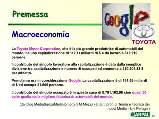 18
Macroeconomia
La Toyota Motor Corporation, che è la più grande produttrice di automobili del
mondo, ha una capitalizzazione di 112,13 miliardi di $ e dà lavoro a 319.910
persone.
Il contributo del singolo lavoratore alla capitalizzazione è dato dalla semplice
divisione tra capitalizzazione e numero di occupati ed ammonta a 350.504,83 $
per addetto.
Prendiamo ora in considerazione Google: La capitalizzazione è di 191,69 miliardi
di $ ed occupa 21.805 persone.
Il contributo del singolo occupato è in questo caso di 8.791.102,96 cioè quasi 30
volte quello della migliore fabbrica di automobili del mondo.
(dal blog MediaSenzaMediatori.org di M.Mezza (et al.), prof. di Teoria e Tecnica dei
nuovi Media - Uni Perugia)
Premessa
 