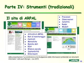 48
Il sito di ARPAL
Parte IV: Strumenti (tradizionali)
 Previsioni
 Osservazioni
 Satellite
 Radar
 Modelli
 Attività di ARPAL
 Reti di monitoraggio
 Controlli
 Metodiche
 Banche dati
 RSA
 Bilancio sociale
 Sostenibilità
 Riferimenti
dalla presentazione “La condivisione e la divulgazione delle informazioni ambientali con strumenti
informatici”; dott.ssa E.Bongio – nov 2010
 