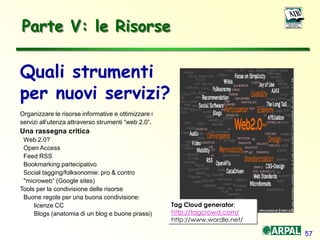 57
Quali strumenti
per nuovi servizi?
Organizzare le risorse informative e ottimizzare i
servizi all’utenza attraverso strumenti “web 2.0”.
Una rassegna critica
Web 2.0?
Open Access
Feed RSS
Bookmarking partecipativo
Social tagging/folksonomie: pro & contro
"microweb“ (Google sites)
Tools per la condivisione delle risorse
Buone regole per una buona condivisione:
licenze CC
Blogs (anatomia di un blog e buone prassi)
Parte V: le Risorse
Tag Cloud generator:
http://tagcrowd.com/
http://www.wordle.net/
 