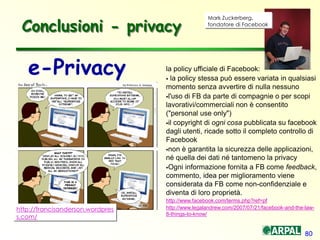 80
Conclusioni - privacy
http://francisanderson.wordpres
s.com/
e-Privacy la policy ufficiale di Facebook:
 la policy stessa può essere variata in qualsiasi
momento senza avvertire di nulla nessuno
l'uso di FB da parte di compagnie o per scopi
lavorativi/commerciali non è consentito
("personal use only")
il copyright di ogni cosa pubblicata su facebook
dagli utenti, ricade sotto il completo controllo di
Facebook
non è garantita la sicurezza delle applicazioni,
né quella dei dati né tantomeno la privacy
Ogni informazione fornita a FB come feedback,
commento, idea per miglioramento viene
considerata da FB come non-confidenziale e
diventa di loro proprietà.
http://www.facebook.com/terms.php?ref=pf
http://www.legalandrew.com/2007/07/21/facebook-and-the-law-
8-things-to-know/
Mark Zuckerberg,
fondatore di Facebook
 
