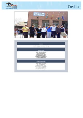 PROFESOR

RAMÓN GONZALO RODRÍGUEZ GÓMEZ




         REDACTORES

     DARIO CASTILLO CANTOS
       LAYLA LIUZZI GARCIA
     CASSIO ALVES DA SILVA
     PEPE BUENDIA PERALES
    FRANCISCO VILLA HEREDIA
      TAYANE LIMA ALONSO




      CONFECCIONADORES

     DARIO CASTILLO CANTOS
       LAYLA LIUZZI GARCIA
     CASSIO ALVES DA SILVA
    FRANCISCO VILLA HEREDIA
      TAYANE LIMA ALONSO
    ARTURO FERNANDEZ VIDAL
 