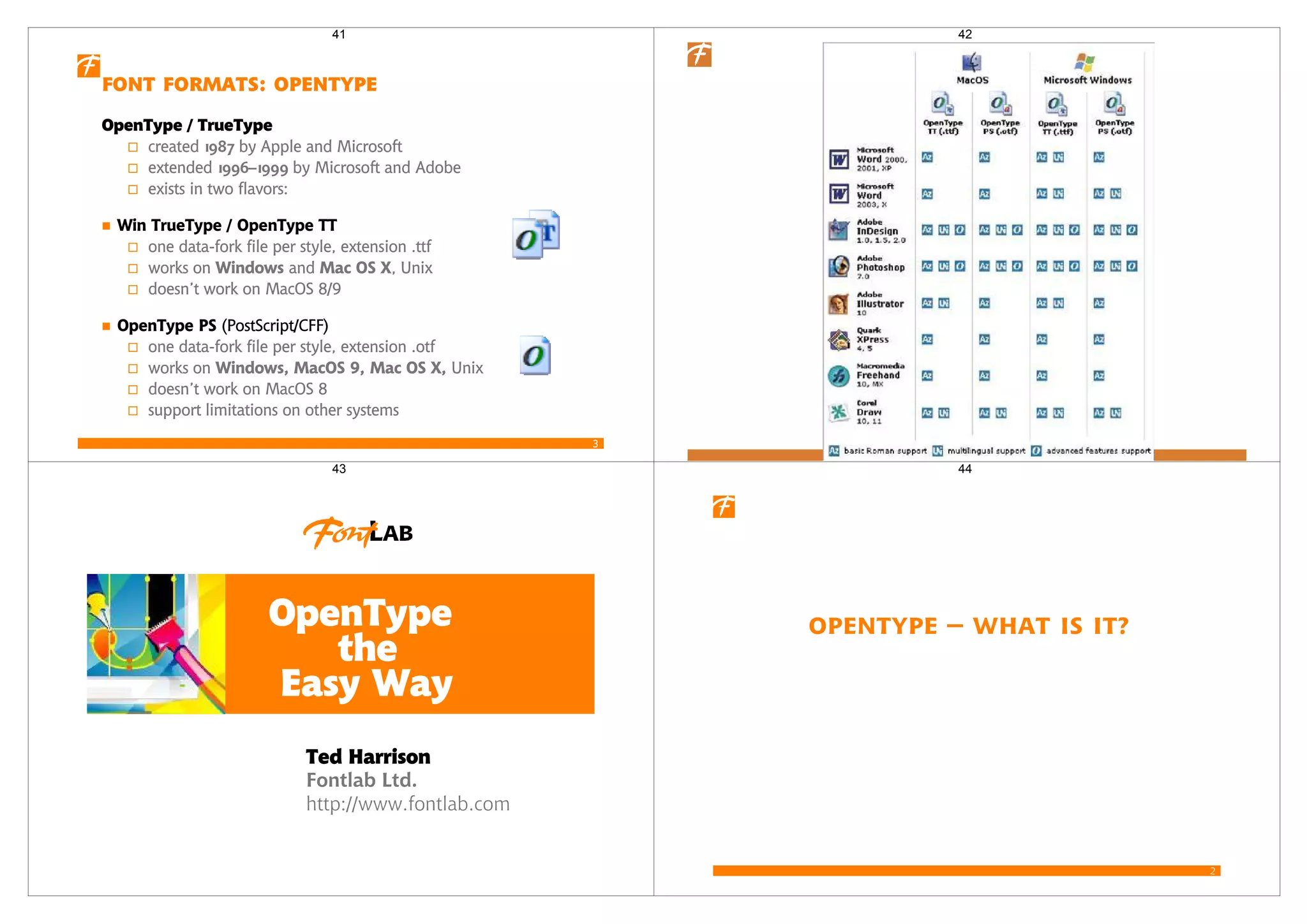 3
  
OpenType / TrueType
created 1
987 by Apple and Microsoft
extended 1
996–1
999 by Microsoft and Adobe
exists in two flavors:
    
one data-fork file per style, extension .ttf
works on  and   , Unix
doesn’t work on MacOS 8/9
  (PostScript/CFF)
one data-fork file per style, extension .otf
works on       Unix
doesn’t work on MacOS 8
support limitations on other systems
41 42
Fontlab Ltd.
http://www.fontlab.com
OpenType
the
Easy Way
Ted Harrison
43
2
OpenType – What is it?
44
 