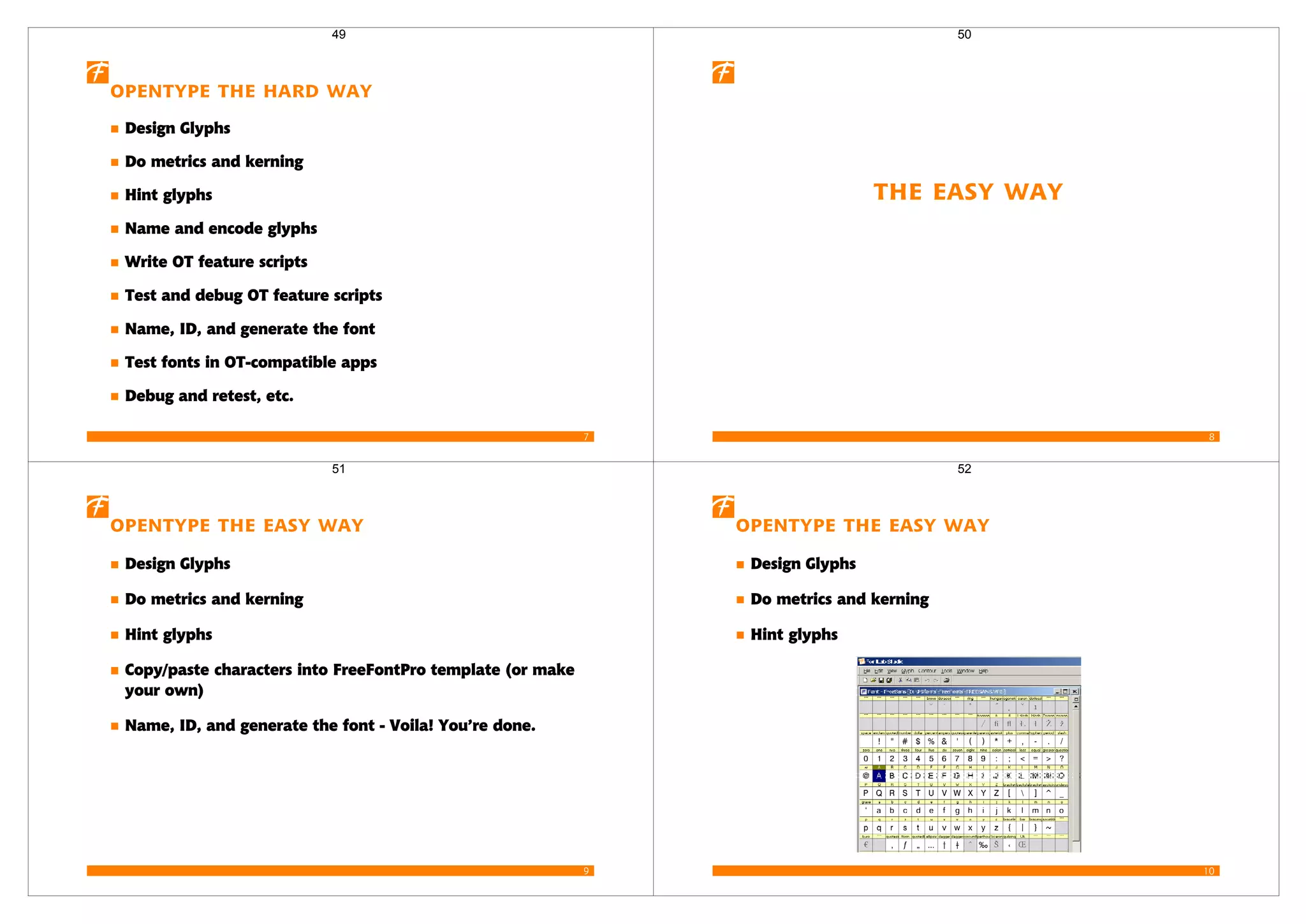 7
OpenType the Hard Way
Design Glyphs
Do metrics and kerning
Hint glyphs
Name and encode glyphs
Write OT feature scripts
Test and debug OT feature scripts
Name, ID, and generate the font
Test fonts in OT-compatible apps
Debug and retest, etc.
49
8
The Easy Way
50
9
OpenType the Easy Way
Design Glyphs
Do metrics and kerning
Hint glyphs
Copy/paste characters into FreeFontPro template (or make
your own)
Name, ID, and generate the font - Voila! You’re done.
51
10
opentype the Easy Way
Design Glyphs
Do metrics and kerning
Hint glyphs
52
 