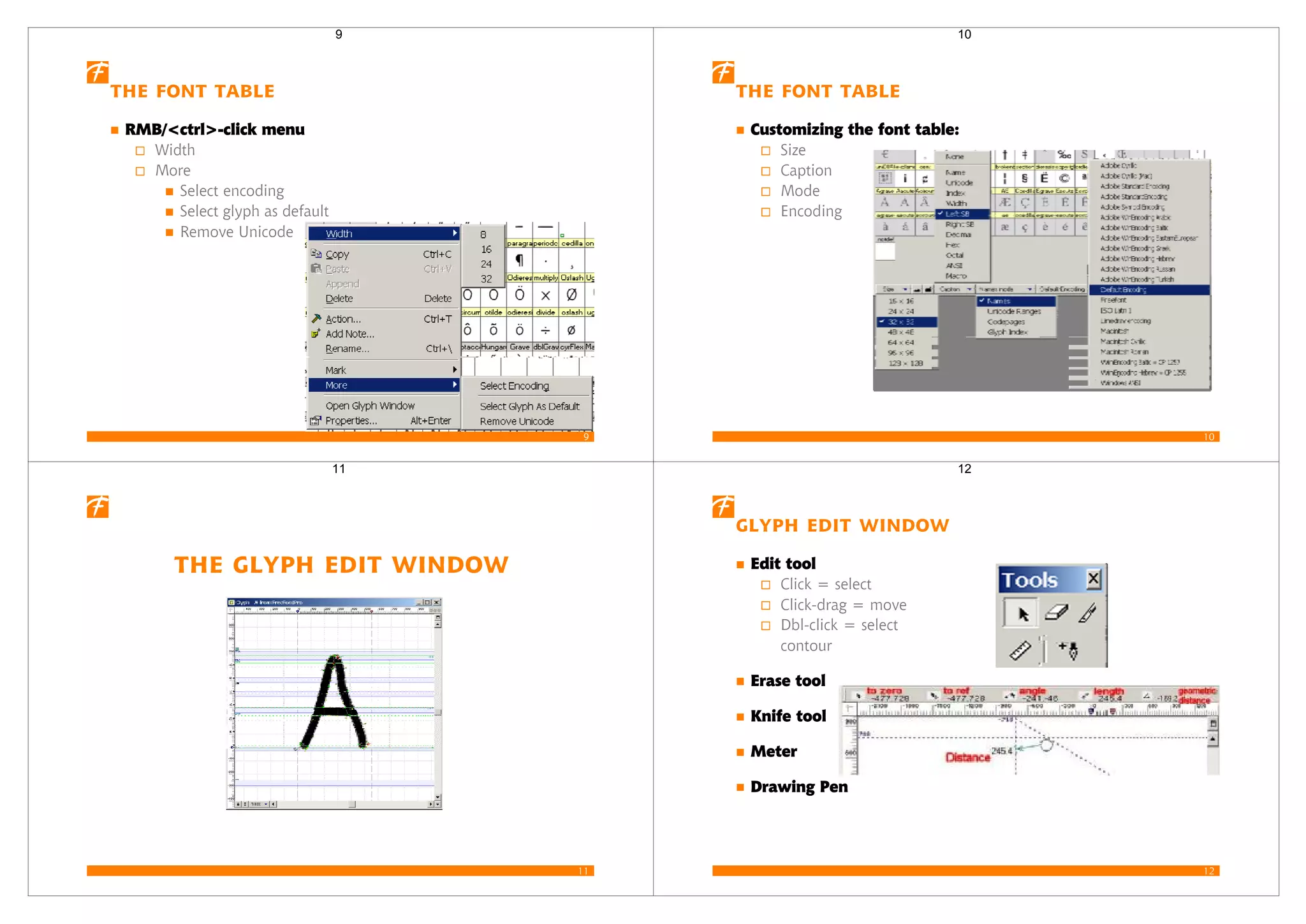 9
The Font Table
RMB/<ctrl>-click menu
Width
More
Select encoding
Select glyph as default
Remove Unicode
9
10
The font Table
Customizing the font table:
Size
Caption
Mode
Encoding
10
11
The Glyph Edit Window
11
12
Glyph Edit Window
Edit tool
Click = select
Click-drag = move
Dbl-click = select
contour
Erase tool
Knife tool
Meter
Drawing Pen
12
 