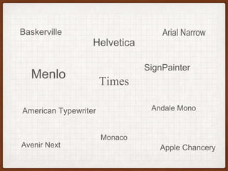 Times
Arial Narrow
Helvetica
SignPainter
Andale Mono
Monaco
Avenir Next
American Typewriter
Apple Chancery
Menlo
Baskerville
 