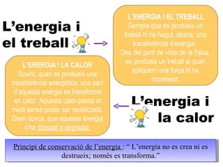 Principi de conservació de l’energia  : “ L’energia no es crea ni es destrueix; només es transforma.” L’energia i  el treball L’ENERGIA I EL TREBALL Sempre que es produeix un treball hi ha hagut, abans, una transferència d’energia.  Des del punt de vista de la física, es produeix un treball si quan apliquem una força hi ha moviment. L’ENERGIA I LA CALOR Sovint, quan es produeix una transferència energètica, una part d’aquesta energia es transforma en calor. Aquesta calor passa al medi sense poder ser reutilitzada. Diem doncs, que aquesta energia s’ha  dissipat o degradat. L’energia i  la calor 