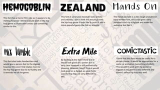 This font has a horror film vibe as it appears to be
melting however I think it would work in the hip
hop genre as I have seen artists use something
similar to this.
This font is very basic however looks artistic
and creative, I don’t think this would go with
the hip-hop genre it looks like it could fit into a
more peaceful genre like folk or acoustic.
The Hands On font is a very rough and almost
hand written font, this could give a very
personal touch to a digipak and make the
audience feel like it.
This font also looks handwritten and
would give a person feel to the digipak
however this one I find relates more to
the hip-hop genre due to its fluidity and
it reminds me of the genre.
I think that this font would be useful for a
certain theme. It would be appropriate for a
comic or animation (something childish).
This wouldn’t work with my poster or
digipak as my genre is very different and
doesn’t reflect hip-hop very well.
By looking at this font I think that it
would look good on a poster as it is
very clear however is still aesthetically
pleasing. However I don’t think it would
look good on a digipak as usual fonts
used for hip-hop are very different to
this.
 