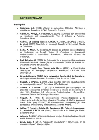 FONTS D’INFORMACIÓ
Bibliografia


Alcántara, J.A. (2004). Educar la autoestima. Métodos, Técnicas y
actividades. Barcelona: CEAC. Educación Primaria.



Alsina, G., Arroyo, A. i Saumell, C. (2011). Alumnado con dificultades
de regulación del comportamiento (Vol. I), Infancia y Primaria.
Barcelona: Graó.

 Andreu, Ll. (coord), Alonso J., Duch, R. Julián, J.O., Puig, I, Ristol,
A. et alt. (2011) Diagnòstic en educació. Barcelona: Universitat Oberta
de Catalunya.
 Badia, A., Mauri, T., Monereo, C. (2003). La pràctica psicopedagògica
en l’educació no formal. Volum II. Pràcticum I- Intervenció
socioeducativa i comunitària. Barcelona: Universitat Oberta de
Catalunya.


Coll Salvador, C. (2011). La Psicologia de la instrucció i les pràctiques
educatives escolars. Psicologia de la instrucció (mòdul 1). Barcelona:
Universitat Oberta de Catalunya.



Grup de Treball. Sant Vicenç dels Horts. (2006). V Experiències
didàctiques en Pedagogia terapèutica. Barcelona: CRP del Baix
Llobregat VI.



Grup de Recerca PSITIC de la Universitat Ramón Llull de Barcelona.
Guía Operativa de Refuerzo Educativo. Obra Social “La Caixa”.



Guasch, M i Ponce, C.(2002) ¿Qué significa intervenir educativamente
en desadaptación social?. Barcelona: ICE-UB/Horsori.



Guasch M. i Ponce C. (2003).La intervenció psicopedagògica en
projectes i programes d’inserció social per a infants en risc (Volum II
pàg. 189). Practicum I-II: Intervenció Socioeducativa i Comunitària.
Universitat Oberta de Catalunya: Barcelona.



Huguet, T. (1996). El asesoramiento Psicopedagpogico y la
colaboración entre la família y el centre Educativo .A. Carlos Monereo i
Isabel Solé. (pàg 127-147). El asesoramiento psicopedagógic: una
perspectiva professional y constructivista. Alianza: Madrid.



Ibáñez, T. (coord.), Botella, M., Doménech, M., Feliu, J., Lajeunesse,
S., Martínez, L.M. et alt. (2003). Introducció a la Psicologia Social.
Barcelona: UOC.

 Jolonch, A. (2002). Educació i infància en risc. Acció i reflexió en l’àmbit
social. Barcelona: Pórtic


Leiva, Juan J. (2012). “Educación intercultural y convivencia, en la
escuela inclusiva”. Málaga: Aljibe.

 