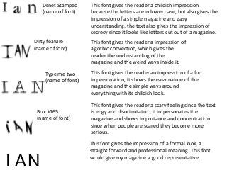 Type me two
(name of font)
Dirty feature
(name of font)
Dsnet Stamped
(name of font)
Brock165
(name of font)
This font gives the reader a childish impression
because the letters are in lower case, but also gives the
impression of a simple magazine and easy
understanding, the text also gives the impression of
secrecy since it looks like letters cut out of a magazine.
This font gives the reader a scary feeling since the text
is edgy and disorientated , it impersonates the
magazine and shows importance and concentration
since when people are scared they become more
serious.
This font gives the reader an impression of a fun
impersonation, it shows the easy nature of the
magazine and the simple ways around
everything with its childish look.
This font gives the reader a impression of
a gothic convection, which gives the
reader the understanding of the
magazine and the weird ways inside it.
I AN
This font gives the impression of a formal look, a
straight forward and professional meaning. This font
would give my magazine a good representative.
 