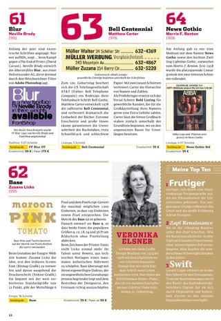Anfang der 90er sind exzen-                                                                                        Am Anfang gab es nur eine
trische Schriften angesagt: Nur                                                                                    Medium mit dem Namen News
wer auffällt, siegt ... beim Kampf                                                                                 Gothic sowie den leichten Zwil-
gegen »The End of Print« (David                                                                                    ling Lightline Gothic, entworfen
Carson). Neville Brody entwirft                                                                                    vom Morris F. Benton. Erst 1958
die überstrahlte Blur, aus einer                                                                                   wurde die platzsparende Linear-
Helvetica oder AG, die er dreimal                               Geniestreich »Bold Listing«:                       grotesk mit zwei fetteren Schnit-
durch den Weichzeichner-Filter                    gewerbliche Einträge beginnen unterhalb der Schriftlinie         ten vollendet.
von Adobe Photoshop jagt.              Zum 100. Geburtstag beschert            Papier. Mit zwei neuen Schnitten
                                       sich die US-Telefongesellschaft         verfeinert Carter die Hierarchie
                                       AT&T (früher: Bell Telephone            von Namen und Zahlen.
                                       Company) ein Redesign ihrer             Als Proﬁtbringer erweist sich der
                                       Telefonbuch-Schrift Bell Gothic.        Versal-Schnitt Bold Listing für
                                       Matthew Carter entwickelt 1978          gewerbliche Kunden, die für die
                                       die rafﬁnierte Bell Centennial,         Großdarstellung ihres Namens
                                       und verbessert dramatisch die           gerne eine Extra-Gebühr zahlen.
                                       Lesbarkeit der Bücher. Extreme          Carter lässt die fetten Großbuch-
                                       Einschnitte und große Innen-            staben einfach unterhalb der
                                       räume garantierten die Unver-           Grundlinie beginnen, wo sie den
   Mit dieser Ansichtskarte wurde      sehrtheit der Buchstaben, trotz         ungenutzten Raum für Unter-
  FF Blur 1992 von Neville Brody und   Schnelldruck und schlechtem             längen besetzen.                        Abba-Logo und -Plattencover,
        FontShop angekündigt                                                                                              gesetzt in News Gothic




                                       Pixel und dem PostScript-Geviert
                                       die maximal möglichen 1200
                                       Einheiten, so dass 100 Einheiten
                                       einem Pixel entsprechen. Die
                                       Metrik der Base 12 ist geboren.
                                       Danach entwarf sie Base 9, so
                                       dass beide Fonts die populären
                                       Größen 9, 12, 18, 24 und 36 Pt am
                                       Bildschirm ohne Pixelteilung
   Base Nine und Twelve basieren       abdecken.
  auf der Metrik von Pixelschriften,   Beim Zeichnen der Printer-Fonts
        die zuerst entstanden
                                       stellt Licko einmal mehr ihr
Beim Gestalten der Emigre-Web-         Talent unter Beweis, aus tech-
site kommt Zuzana Licko die            nischen Notlagen einen maxi-
Idee, erst den lesbaren Screen-        malen ästhetischen Nährwert
Font (Bitmap-Graﬁk) zu entwer-         zu schöpfen. Base überzeugt mit
fen und davon ausgehend die            ihrem eigenwilligen Duktus, der
Druckerschrift (Vektor-Graﬁk).         im ungewöhnlichen Gestaltungs-
Sie beginnt mit der weit ver-          prozess begründet liegt und dem
breiteten Standardgröße von            Bestreben der Designerin, den
12 Punkt, gibt der Mittellänge 6       Freiraum richtig auszuschöpfen.




22
 