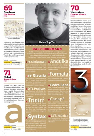 Eleganz und eine lineare Klar-
                                      heit kennzeichnen die Gebäude
                                      des österreichischen Architek-
                                      ten Richard Neutra. In seinen
                                      Zeichnungen wie auch den
                                      Bauten tauchten häuﬁg Ziffern
                                      und Buchstaben auf, die House
                                      Industries zu einer Schriftfami-
                                      lie inspirierten. Dabei arbeiteten
  Skizzen für eine außergewöhnliche   sie eng mit Dion Neutra zusam-
       Kursive: Quadraat Italic       men, die ihnen Fotograﬁen zur
                                      Verfügung stellte. Aus einer
Quadraat ist zwar digital erstellt,   geringen Menge an Vorlagen
jedoch nach Fred Smeijers’ Zeich-     schuf Christian Schwartz kom-
nungen. Die Schrift sollte neu        plette Alphabete.
aussehen, aber an Altbewährtes        Für Kleinbuchstaben gab es keine
anknüpfen; die Kursive dagegen        historischen Vorlagen, doch ein
ist eigenwillig. 1997 entwickelte     erfahrener Schriftentwerfer wie
Smeijers nach holländischem           Schwartz kann die passenden
Vorbild (Jan van Krimpen, 1930)       Gemeinen ohne Mühe herleiten.
aus der Serif eine Sans.              Nach Fertigstellung der umfang-
                                      reichen Familie (5 Strichstärken)
                                      war es nur eine Frage der Zeit, bis
                                      Neutraface ihren Weg zurück in
                                      die Architektur fand: als edle
                                      Hausnummer.




Sjoerd de Roos (1877 – 1962) gilt
als der erste professionelle Type-
designer Hollands. Nobel ent-
stand 1929 für die Amsterdam
Schriftgießerei, als Antwort auf
Futura und Berthold Grotesk. Sie
war landesweit erfolgreich und
wurde bis in die 1960er Jahre in
vielen holländischen Bleisetze-
reien eingesetzt.




                                          Neutraface als Hausnummer,
                                          gesehen und zu bestellen bei:
                                         www.customhousenumbers.com




24
 