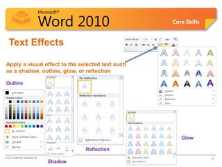 Microsoft®
Word 2010 Core Skills
Text Effects
© CCI Learning Solutions Inc. 23
Apply a visual effect to the selected text such
as a shadow, outline, glow, or reflection
Outline
Shadow
Reflection
Glow
 