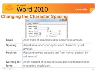 Microsoft®
Word 2010 Core Skills
Changing the Character Spacing
Scale Alter width of selected text by percentage amount.
Spacing Adjust amount of spacing for each character by set
amount.
Position Raises or lowers selected text from normal position by
set amount.
Kerning for
fonts
Alters amount of space between selected text based on
characters in selection.
© CCI Learning Solutions Inc. 32
 