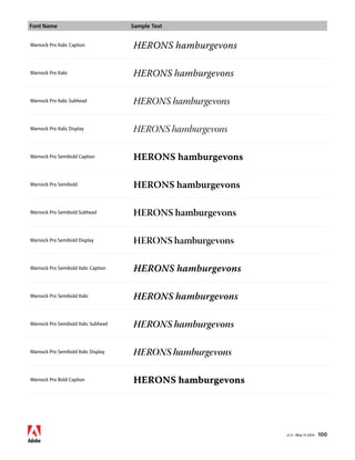 Font Name Sample Text 
v1.3 • May 14 2014 100 
Warnock Pro Italic Caption HERONS hamburgevons 
Warnock Pro Italic HERONS hamburgevons 
Warnock Pro Italic Subhead HERONS hamburgevons 
Warnock Pro Italic Display HERONS hamburgevons 
Warnock Pro Semibold Caption HERONS hamburgevons 
Warnock Pro Semibold HERONS hamburgevons 
Warnock Pro Semibold Subhead HERONS hamburgevons 
Warnock Pro Semibold Display HERONS hamburgevons 
Warnock Pro Semibold Italic Caption HERONS hamburgevons 
Warnock Pro Semibold Italic HERONS hamburgevons 
Warnock Pro Semibold Italic Subhead HERONS hamburgevons 
Warnock Pro Semibold Italic Display HERONS hamburgevons 
Warnock Pro Bold Caption HERONS hamburgevons 
 
