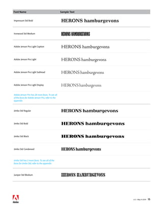 Font Name Sample Text 
v1.3 • May 14 2014 15 
Impressum Std Bold HERONS hamburgevons 
Ironwood Std Medium HERONS hamburgevons 
Adobe Jenson Pro Light Caption HERONS hamburgevons 
Adobe Jenson Pro Light HERONS hamburgevons 
Adobe Jenson Pro Light Subhead HERONS hamburgevons 
Adobe Jenson Pro Light Display HERONS hamburgevons 
Adobe Jenson Pro has 28 more faces. To see all 
of the faces for Adobe Jenson Pro, refer to the 
appendix 
Jimbo Std Regular HERONS hamburgevons 
Jimbo Std Bold HERONS hamburgevons 
Jimbo Std Black HERONS hamburgevons 
Jimbo Std Condensed HERONS hamburgevons 
Jimbo Std has 5 more faces. To see all of the 
faces for Jimbo Std, refer to the appendix 
Juniper Std Medium HERONS hamburgevons 
 