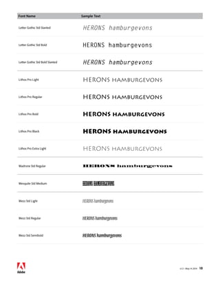 Font Name Sample Text 
v1.3 • May 14 2014 18 
Letter Gothic Std Slanted HERONS hamburgevons 
Letter Gothic Std Bold HERONS hamburgevons 
Letter Gothic Std Bold Slanted HERONS hamburgevons 
Lithos Pro Light HERONS hamburgevons 
Lithos Pro Regular HERONS hamburgevons 
Lithos Pro Bold HERONS hamburgevons 
Lithos Pro Black HERONS hamburgevons 
Lithos Pro Extra Light HERONS hamburgevons 
Madrone Std Regular HERONS hamburgevons 
Mesquite Std Medium HERONS hamburgevons 
Mezz Std Light HERONS hamburgevons 
Mezz Std Regular HERONS hamburgevons 
Mezz Std Semibold HERONS hamburgevons 
 