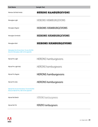 Font Name Sample Text 
v1.3 • May 14 2014 20 
Montara Std Bold Initials HERONS hamburgevons 
Moonglow Light HERONS hamburgevons 
Moonglow Regular HERONS hamburgevons 
Moonglow Semibold HERONS hamburgevons 
Moonglow Bold HERONS hamburgevons 
Moonglow has 8 more faces. To see all of the 
faces for Moonglow, refer to the appendix 
Myriad Pro Light HERONS hamburgevons 
Myriad Pro Light Italic HERONS hamburgevons 
Myriad Pro Regular HERONS hamburgevons 
Myriad Pro Italic HERONS hamburgevons 
Myriad Pro has 36 more faces. To see all of the 
faces for Myriad Pro, refer to the appendix 
Myriad Std Sketch HERONS hamburgevons 
Myriad Std Tilt HERONS hamburgevons 
 