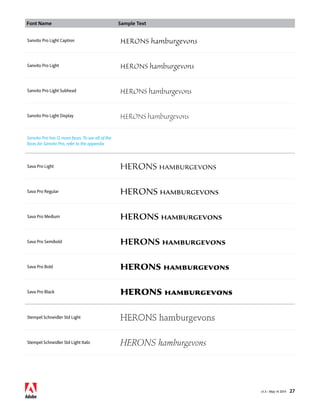 Font Name Sample Text 
v1.3 • May 14 2014 27 
Sanvito Pro Light Caption HERONS hamburgevons 
Sanvito Pro Light HERONS hamburgevons 
Sanvito Pro Light Subhead HERONS hamburgevons 
Sanvito Pro Light Display HERONS hamburgevons 
Sanvito Pro has 12 more faces. To see all of the 
faces for Sanvito Pro, refer to the appendix 
Sava Pro Light HERONS hamburgevons 
Sava Pro Regular HERONS hamburgevons 
Sava Pro Medium HERONS hamburgevons 
Sava Pro Semibold HERONS hamburgevons 
Sava Pro Bold HERONS hamburgevons 
Sava Pro Black HERONS hamburgevons 
Stempel Schneidler Std Light HERONS hamburgevons 
Stempel Schneidler Std Light Italic HERONS hamburgevons 
 